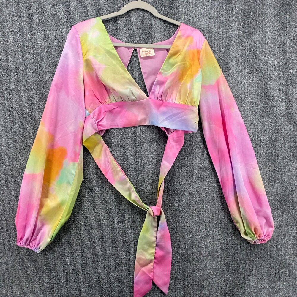 Show Po Top Womens 6 Pink Tie Dye Back Tie V-Neck Cropped Y2K Hippie Festival